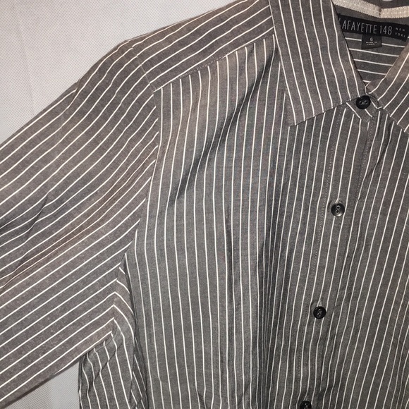 Lafayette 148 Gray And White Striped Button Down Shirt | Size 6 - Picture 4 of 9